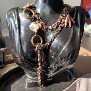 Unique Asymmetrical Antiqued Bass Leaf Chain Baroque Coin Pearl Necklace